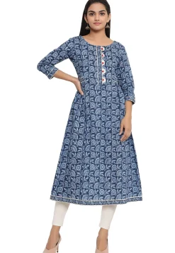 Printed Cotton A Line Kurta in Dark Blue