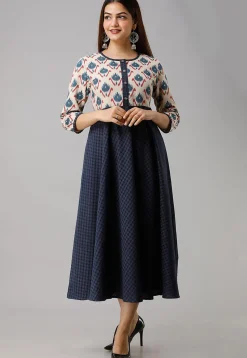 Printed Cotton A Line Kurta in Navy Blue and Off White