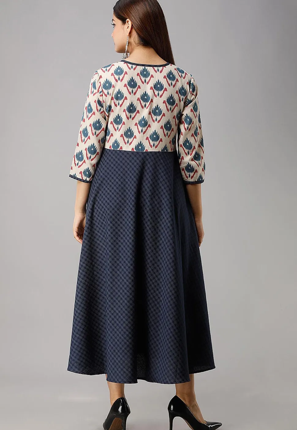 Printed Cotton A Line Kurta in Navy Blue and Off White