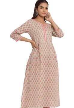 Printed Cotton A Line Kurta in Dusty Green
