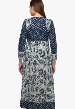 Printed Cotton A Line Kurta in Off White and Blue