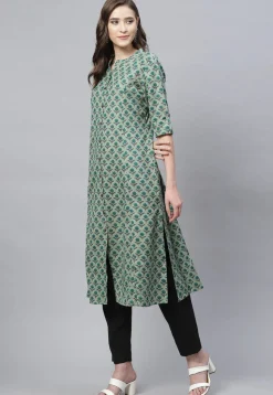 Printed Cotton A Line Kurta in Dusty Green