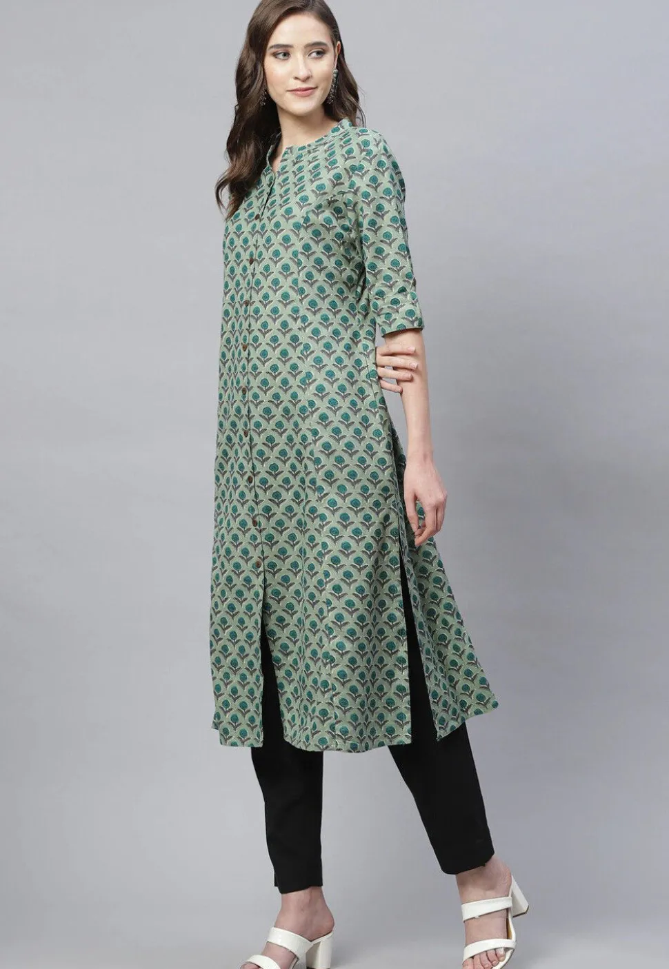 Printed Cotton A Line Kurta in Dusty Green