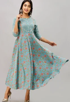 Printed Cotton A Line Long Kurta in Sky Blue
