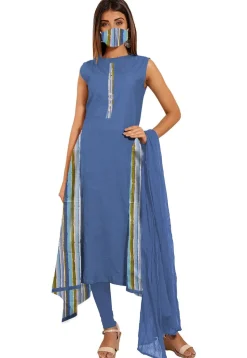 Printed Cotton A Line Suit in Blue