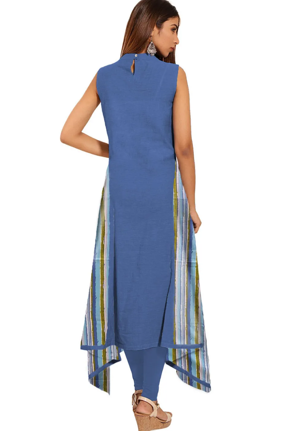 Printed Cotton A Line Suit in Blue