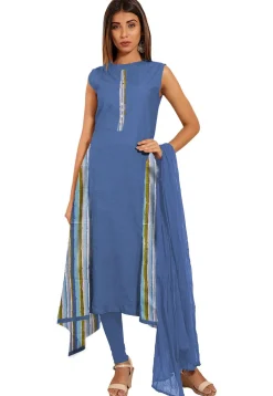 Printed Cotton A Line Suit in Blue