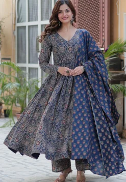 Printed Cotton A Line Suit in Navy Blue