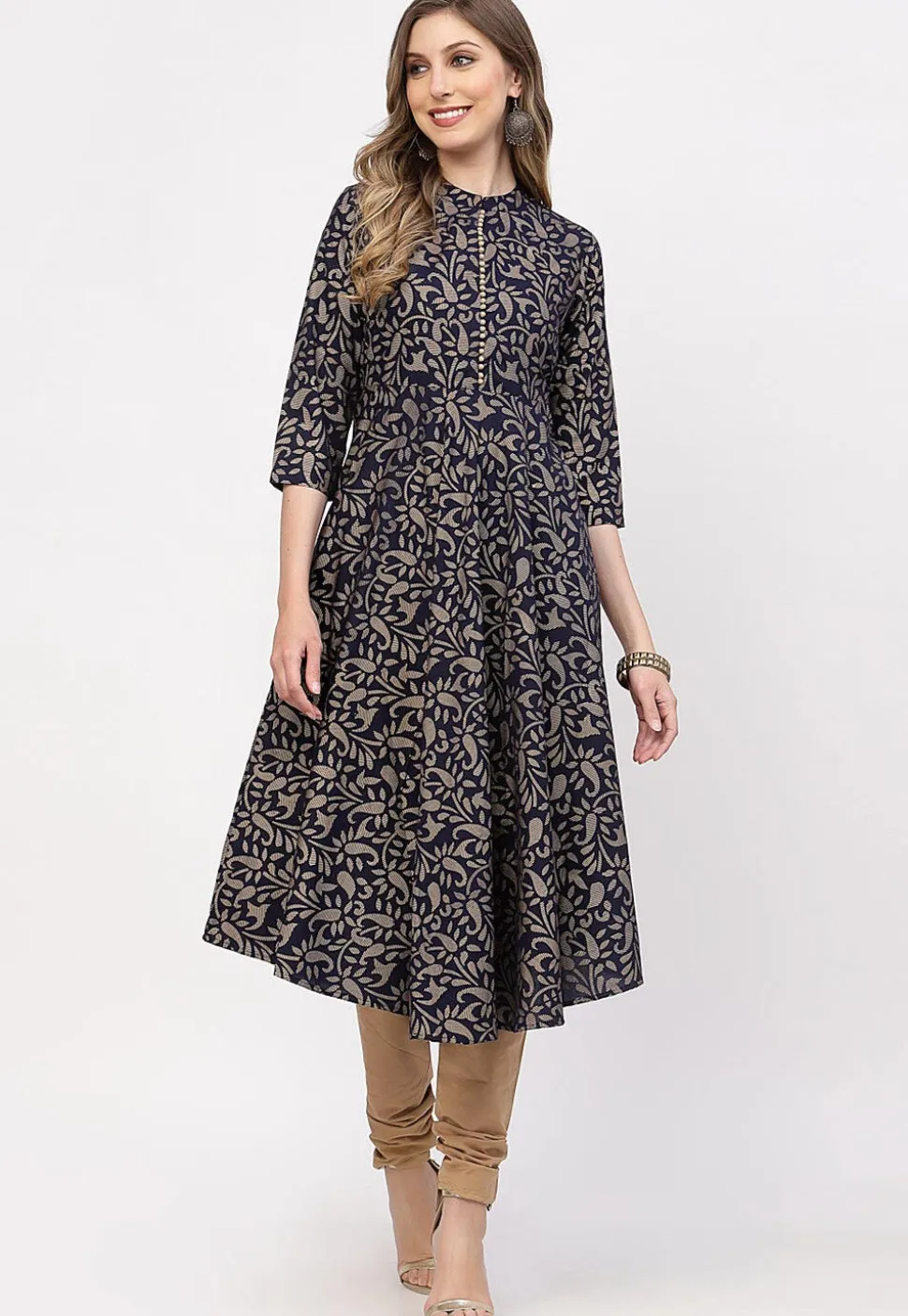 Printed Cotton A Line Suit in Navy Blue