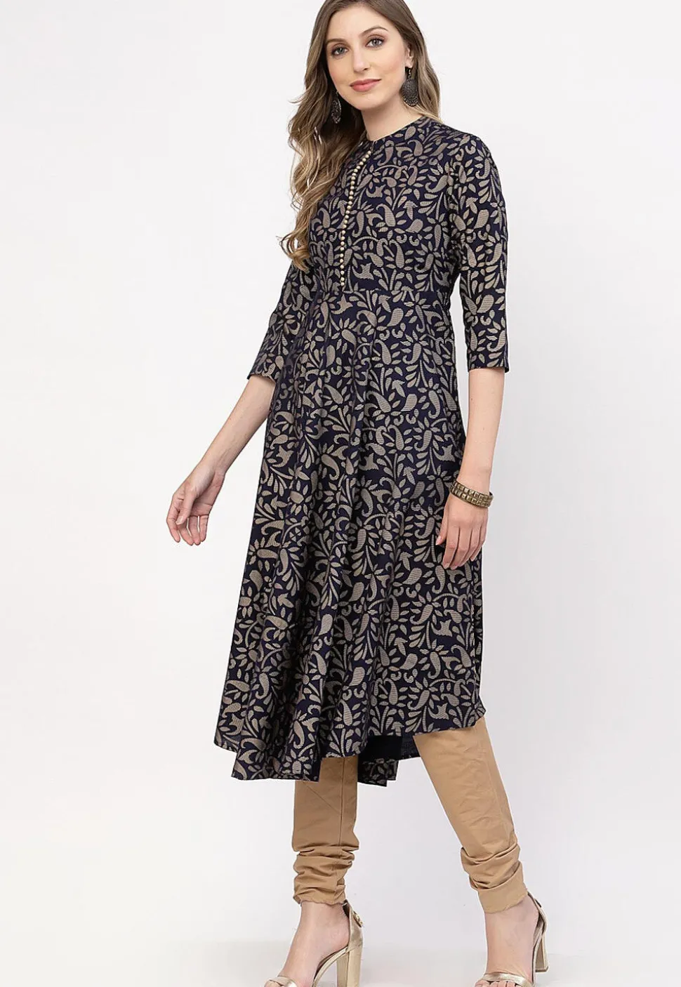 Printed Cotton A Line Suit in Navy Blue