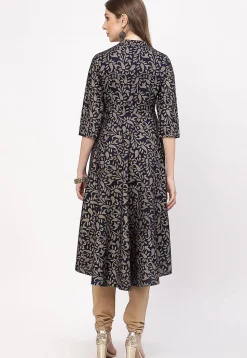 Printed Cotton A Line Suit in Navy Blue