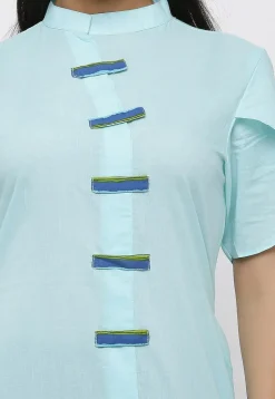 Printed Cotton Abaya Style Suit in Pastel Blue and Multicolor