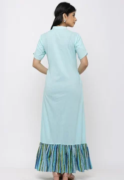 Printed Cotton Abaya Style Suit in Pastel Blue and Multicolor