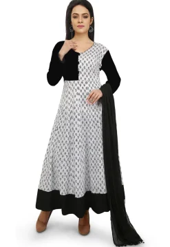Printed Cotton Abaya Style Suit in White