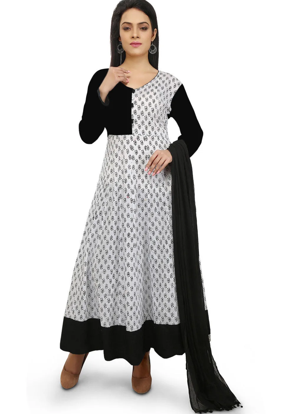 Printed Cotton Abaya Style Suit in White