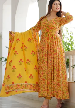 Printed Cotton Abaya Style Kameez in Mustard