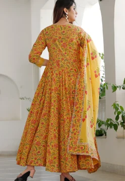 Printed Cotton Abaya Style Kameez in Mustard