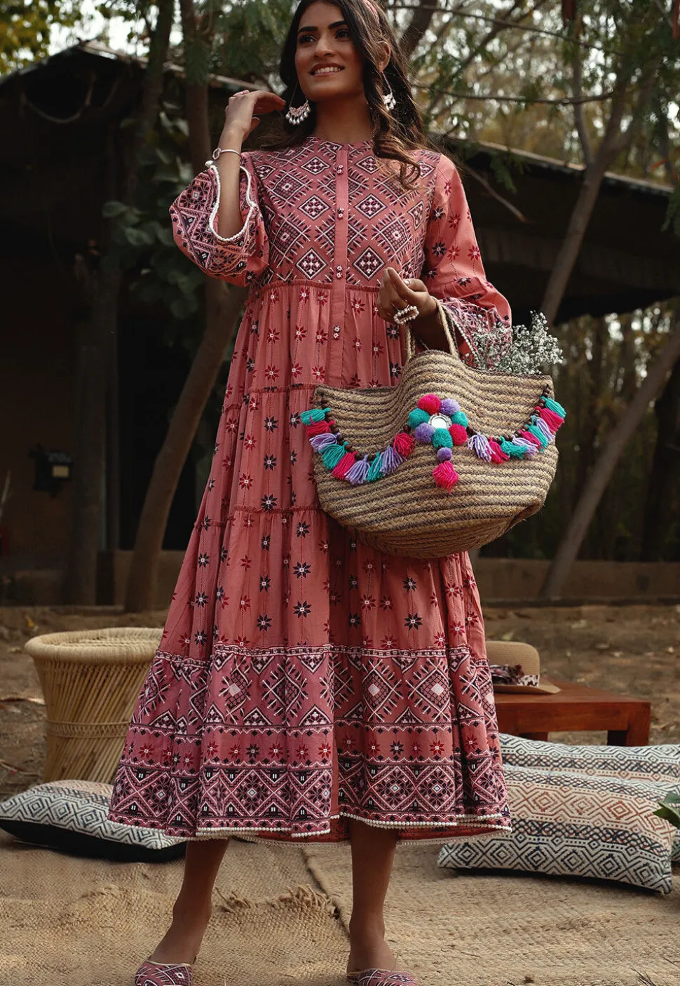 Printed Cotton Aline Dress in Peach