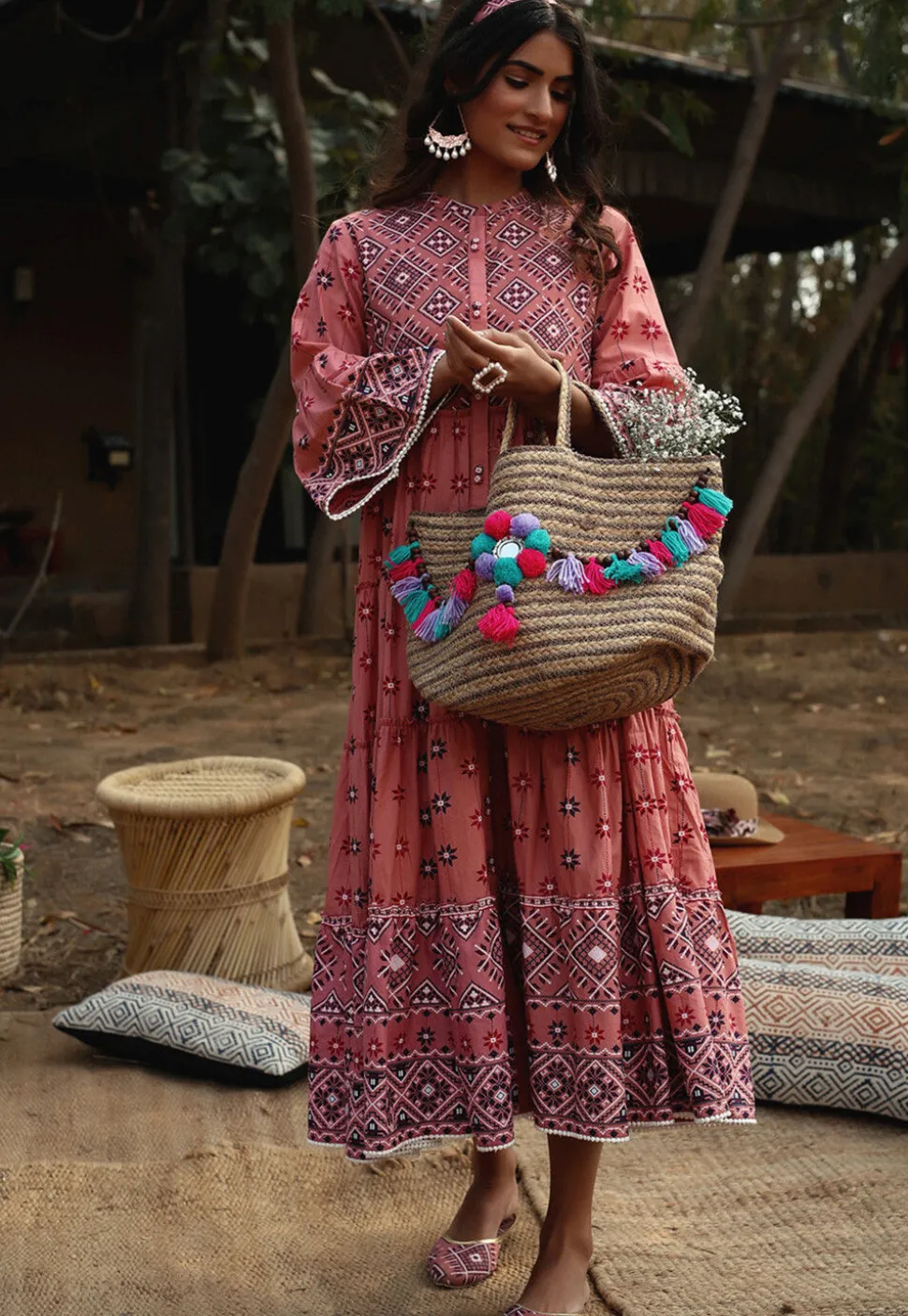 Printed Cotton Aline Dress in Peach