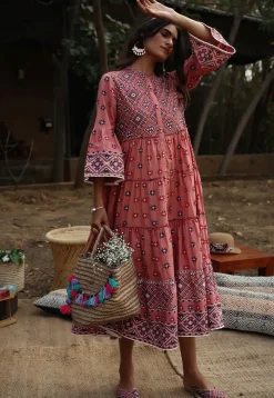 Printed Cotton Aline Dress in Peach