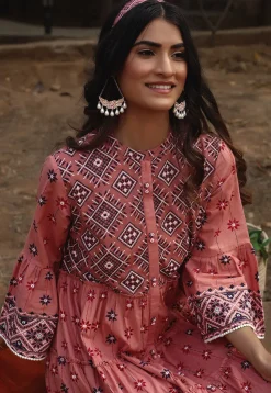 Printed Cotton Aline Dress in Peach