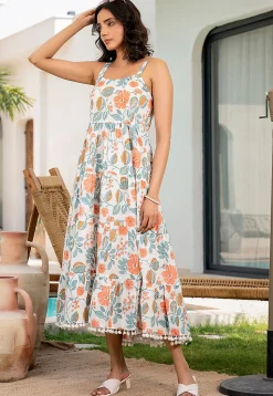 Printed Cotton Aline Dress in Off White