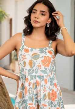 Printed Cotton Aline Dress in Off White