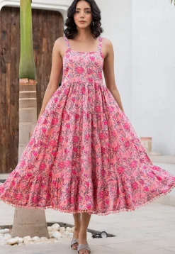 Printed Cotton Aline Dress in Pink