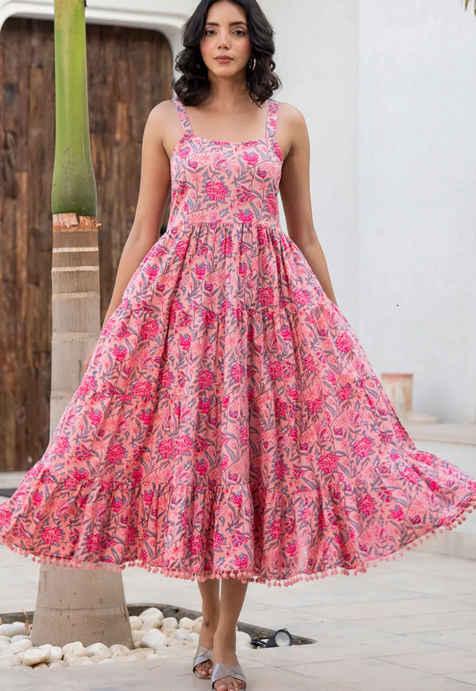 Printed Cotton Aline Dress in Pink