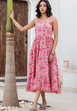 Printed Cotton Aline Dress in Pink