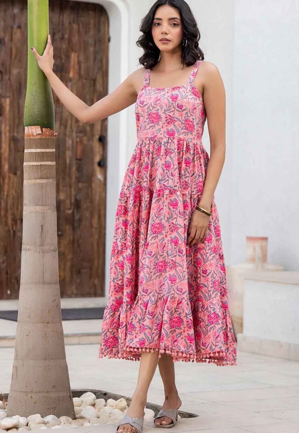 Printed Cotton Aline Dress in Pink