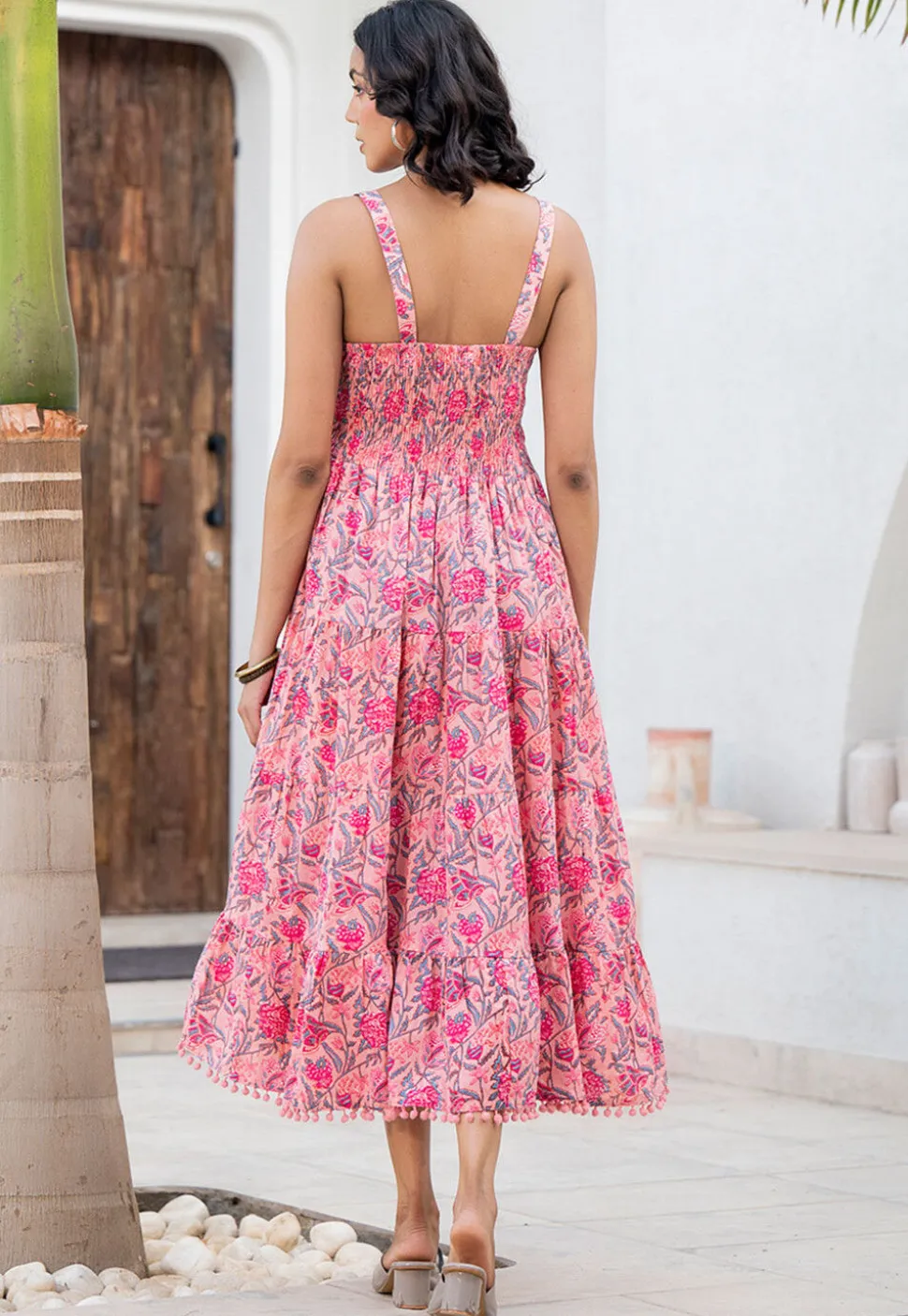 Printed Cotton Aline Dress in Pink