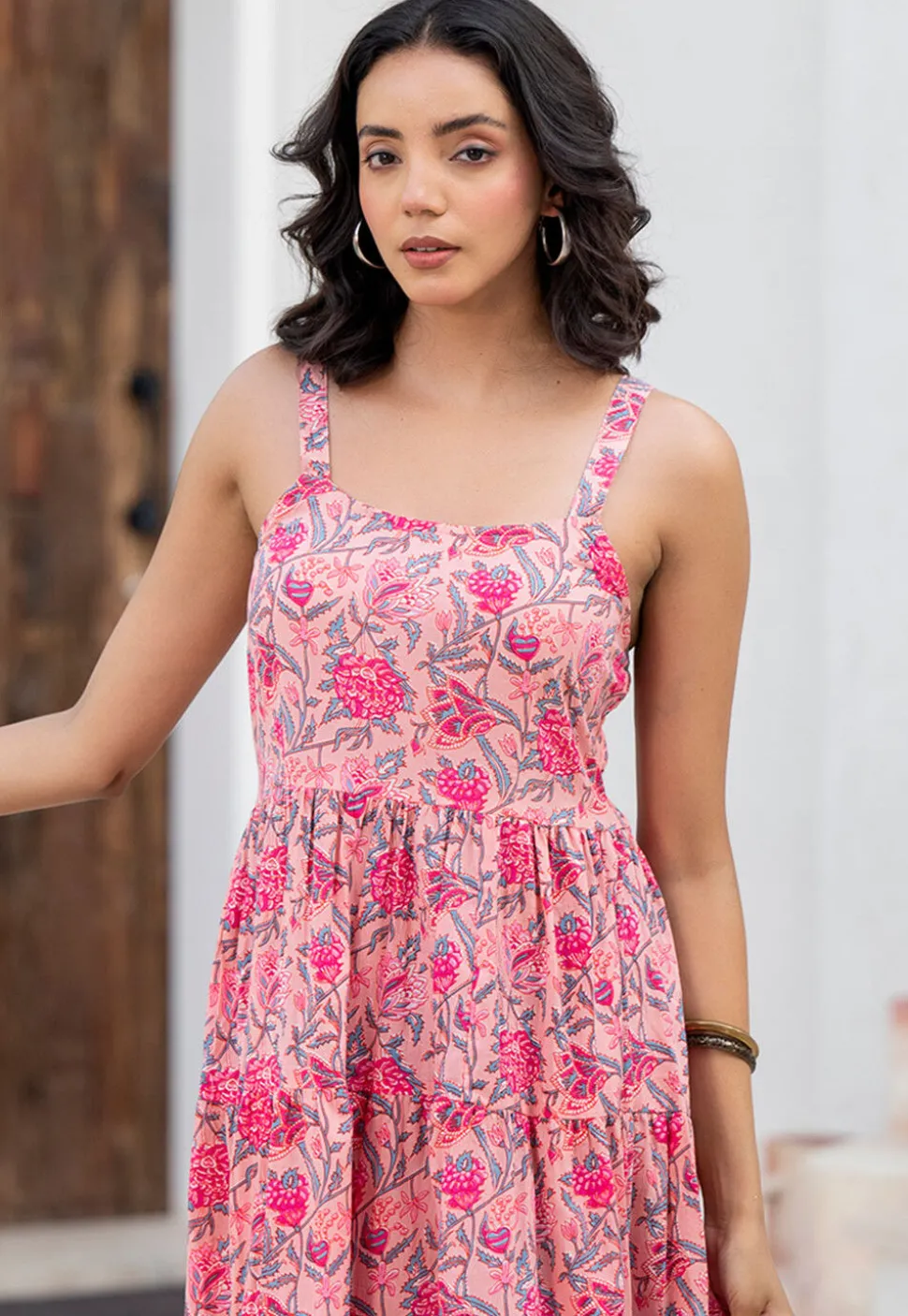 Printed Cotton Aline Dress in Pink