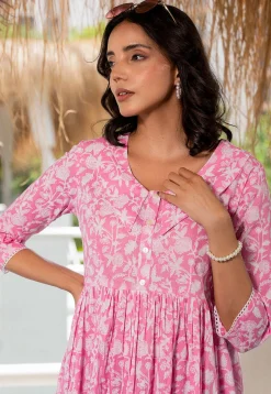 Printed Cotton Aline Dress in Pink