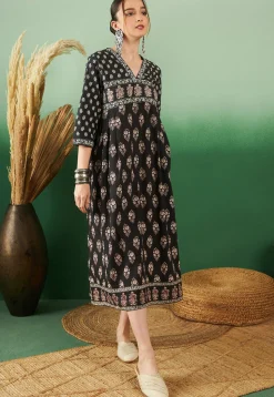 Printed Cotton Aline Kurta in Black
