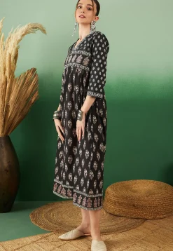 Printed Cotton Aline Kurta in Black