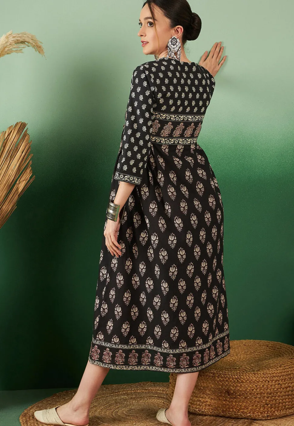 Printed Cotton Aline Kurta in Black