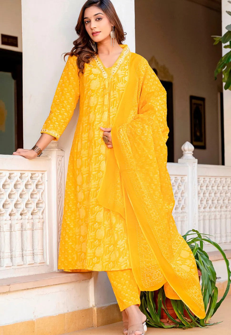 Printed Cotton Aline Suit in Yellow