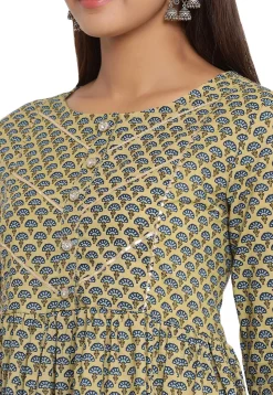 Printed Cotton Anarkali Kurta in Dusty Green