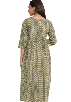 Printed Cotton Anarkali Kurta in Dusty Green