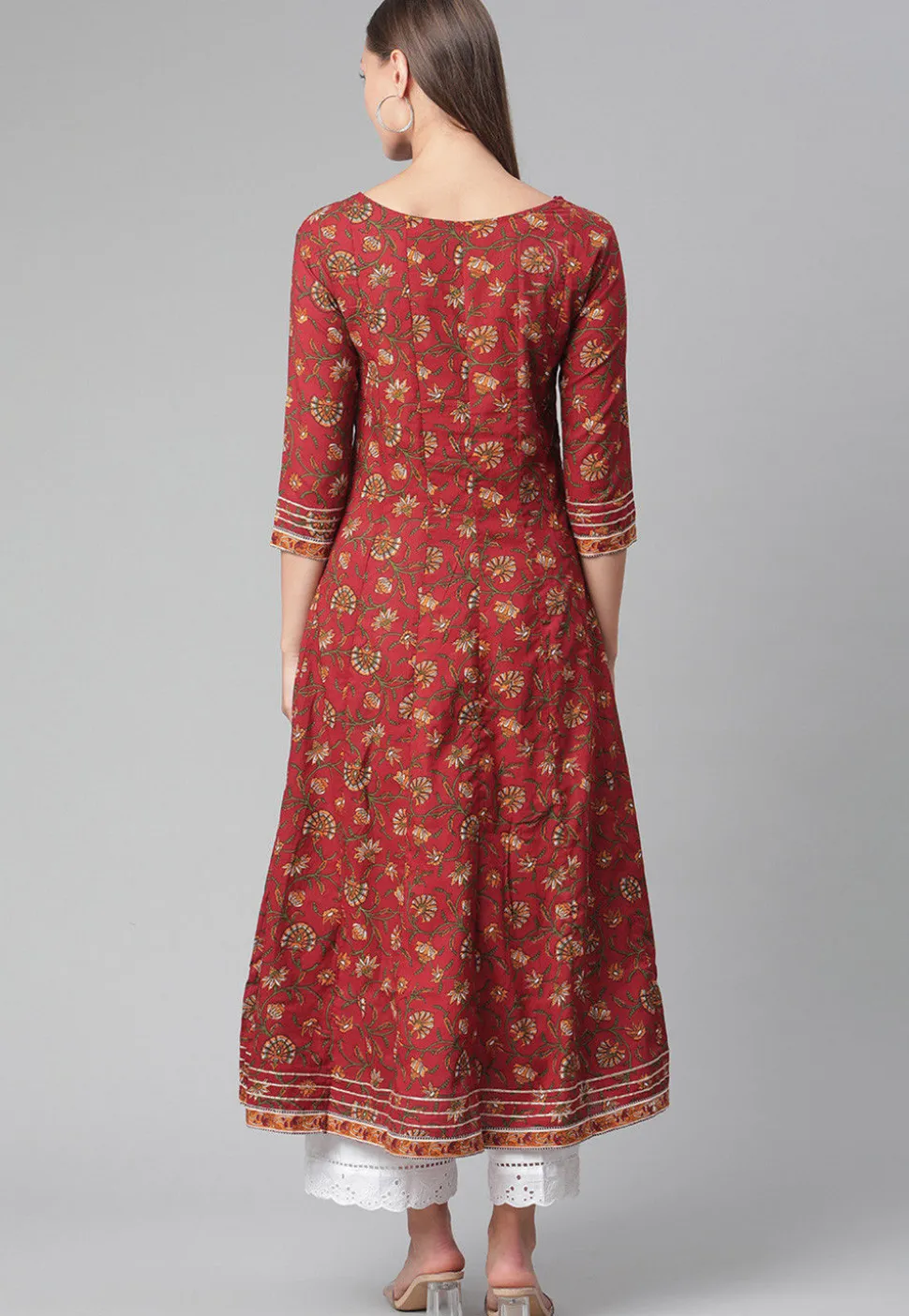 Printed Cotton Anarkali Kurta in Maroon
