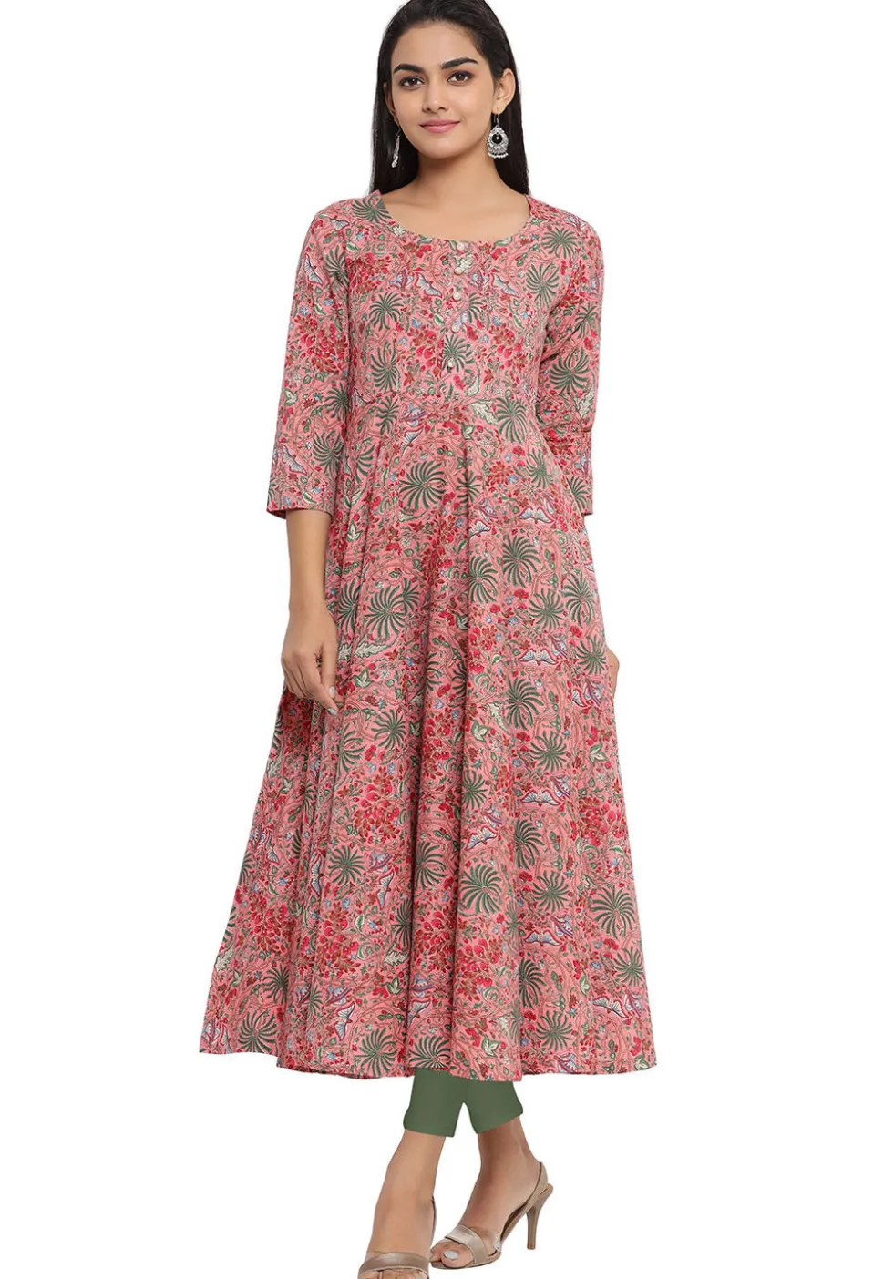 Printed Cotton Anarkali Kurta in Pink