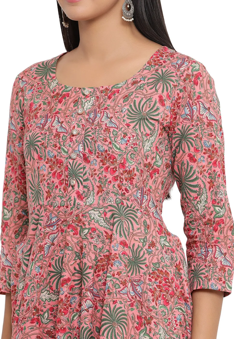 Printed Cotton Anarkali Kurta in Pink