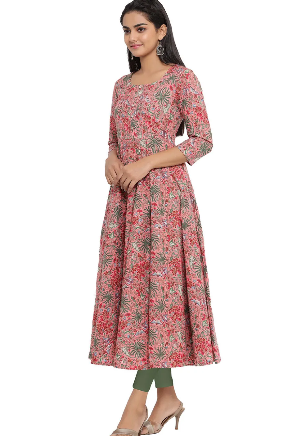 Printed Cotton Anarkali Kurta in Pink