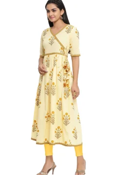 Printed Cotton Anarkali Kurta in Light Yellow