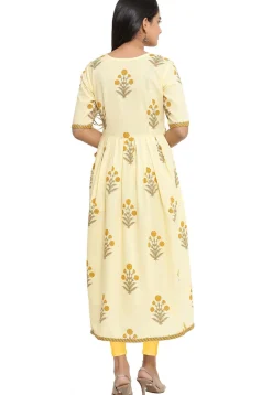 Printed Cotton Anarkali Kurta in Light Yellow