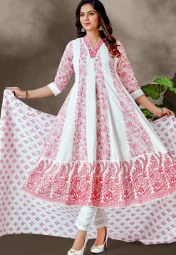 Printed Cotton Anarkali Suit in Off White