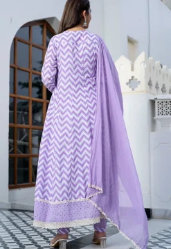Printed Cotton Anarkali Suit in Light Purple