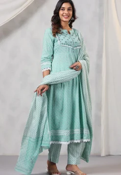 Printed Cotton Anarkali Suit in Sea Green