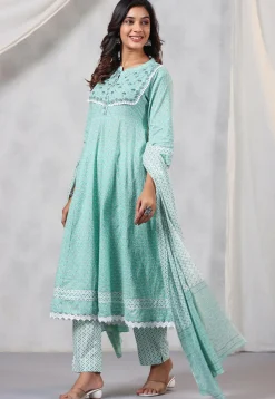 Printed Cotton Anarkali Suit in Sea Green
